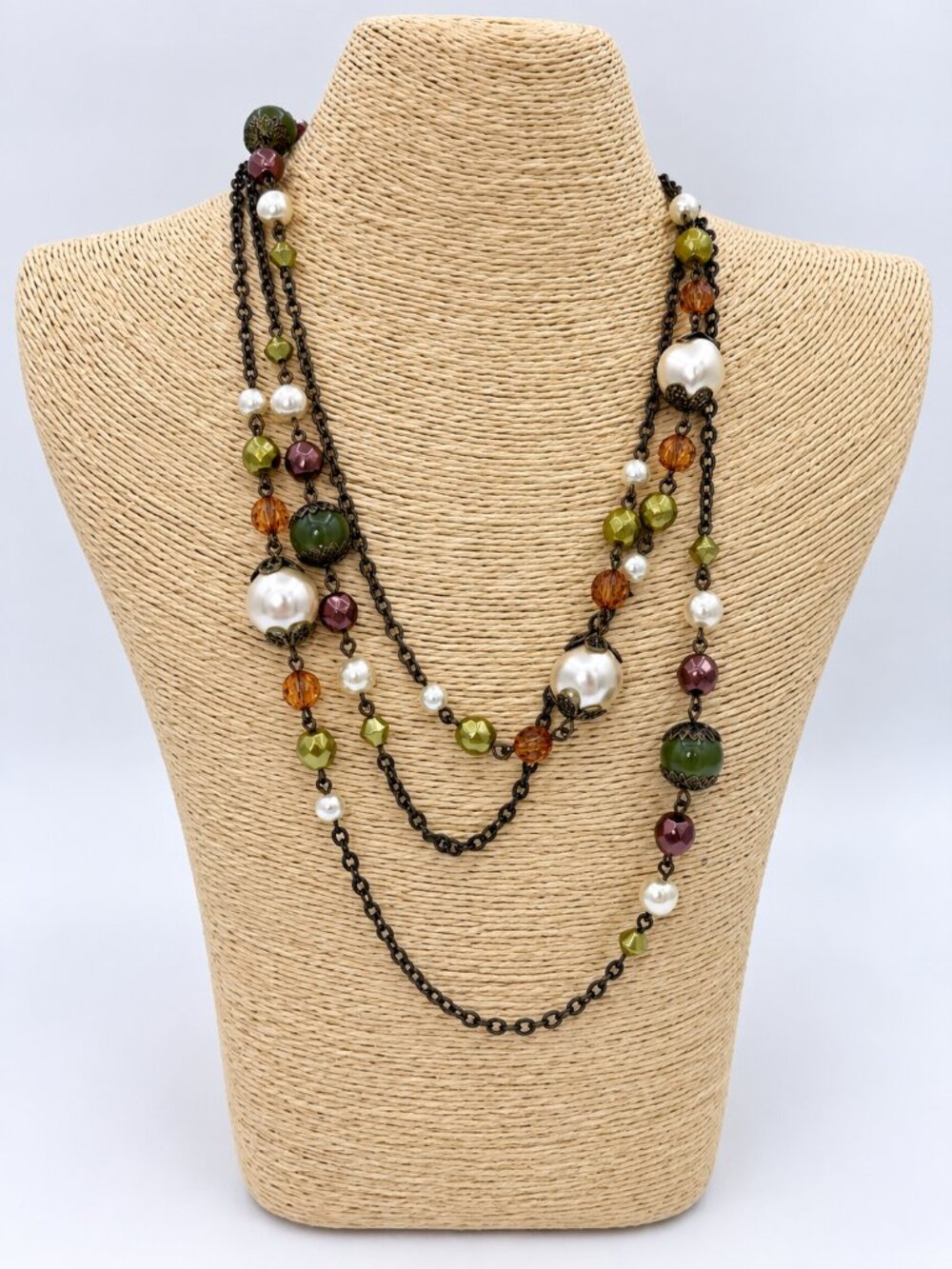 Extra Long 24" Beaded Multi-Strand Necklace Green Pearl Amber Bronze Tone